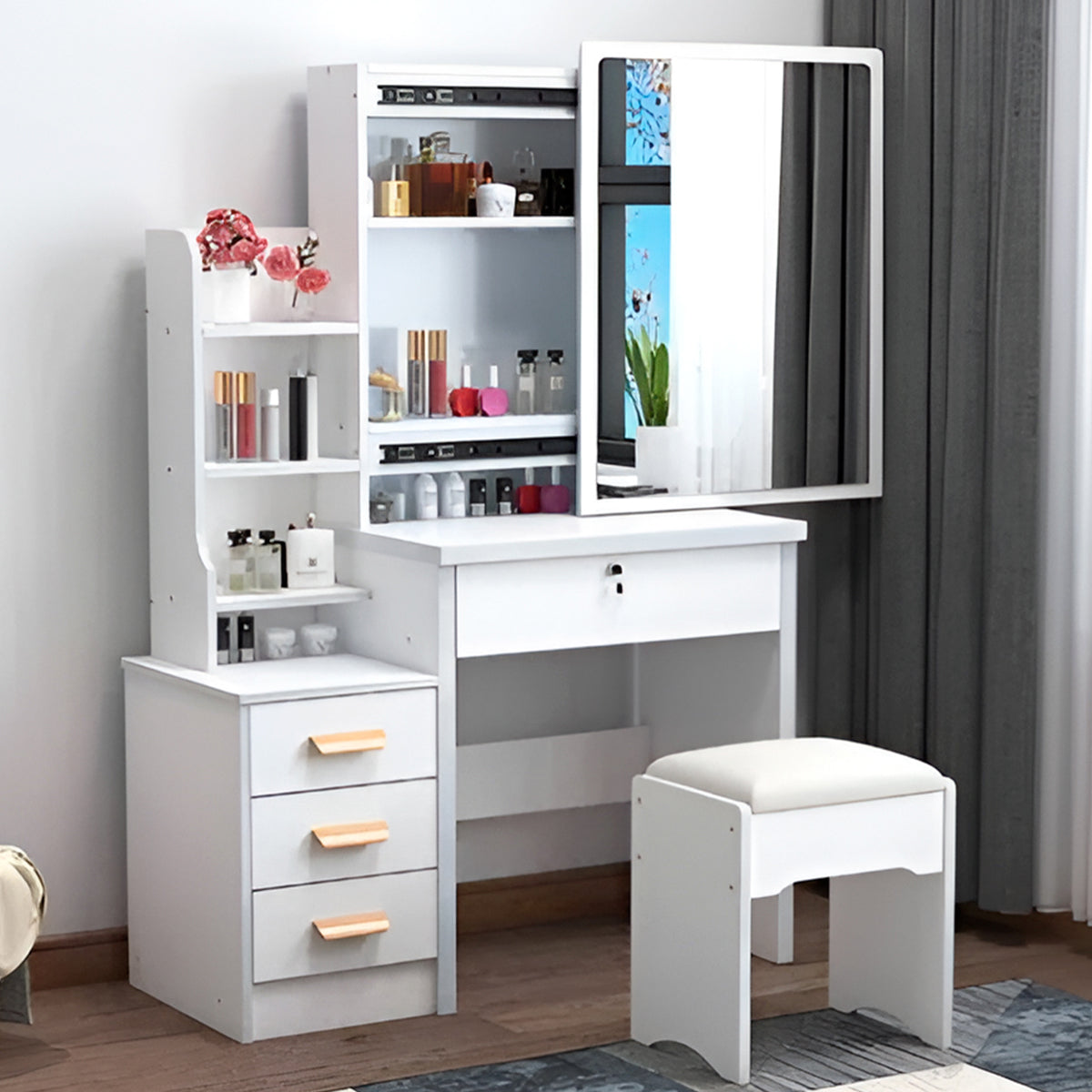 Tocador de maquillaje Deluxe con 4 cajones y sillón