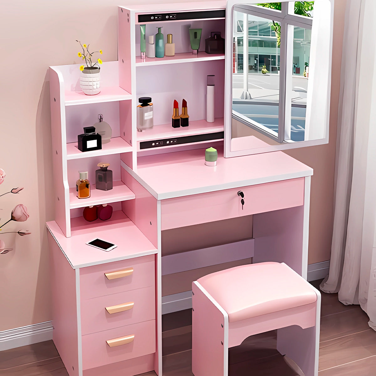 Tocador de maquillaje Deluxe con 4 cajones y sillón