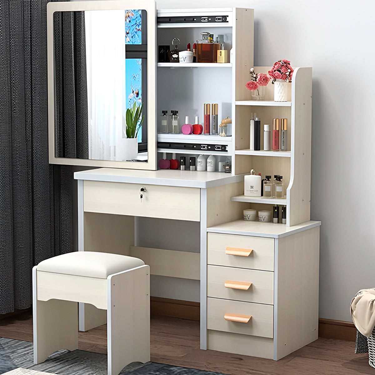 Tocador de maquillaje Deluxe con 4 cajones y sillón