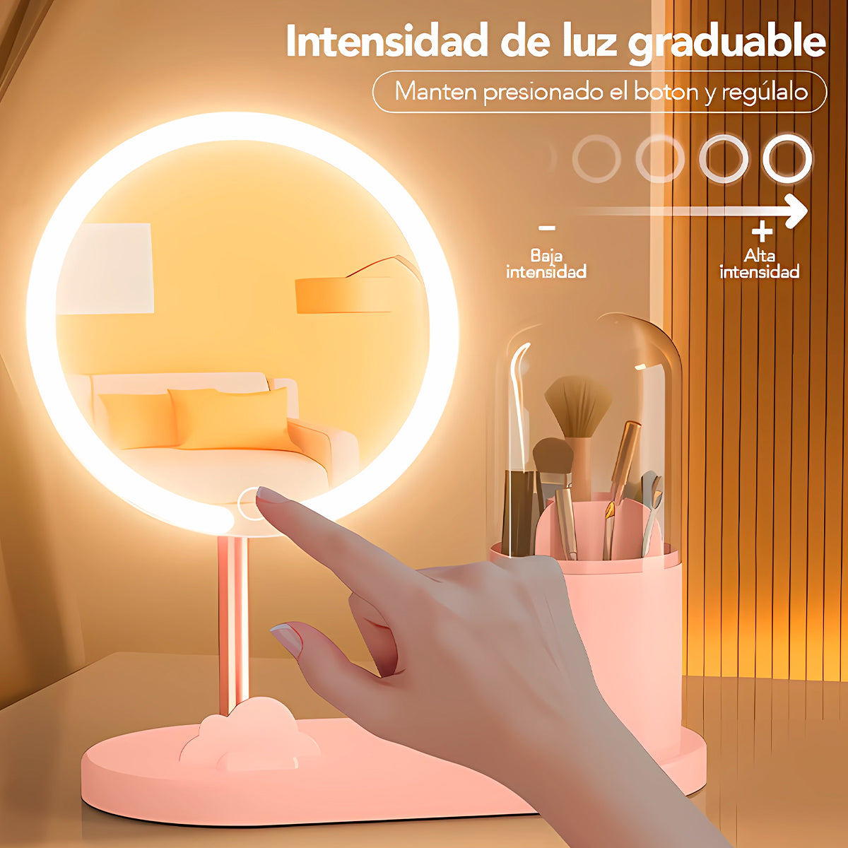 Espejo LED con Organizador Giratorio de Maquillaje
