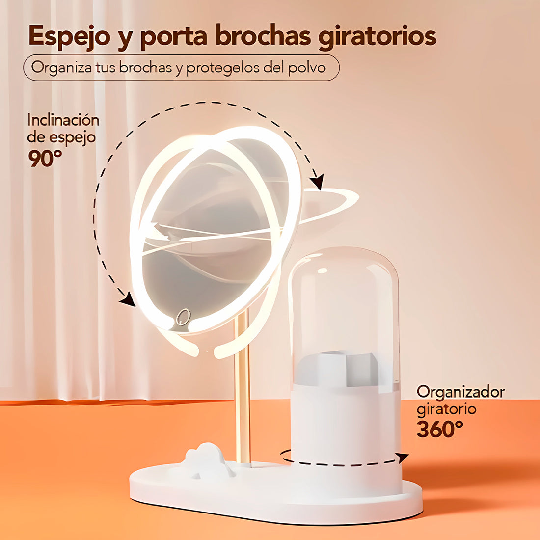 Espejo LED con Organizador Giratorio de Maquillaje