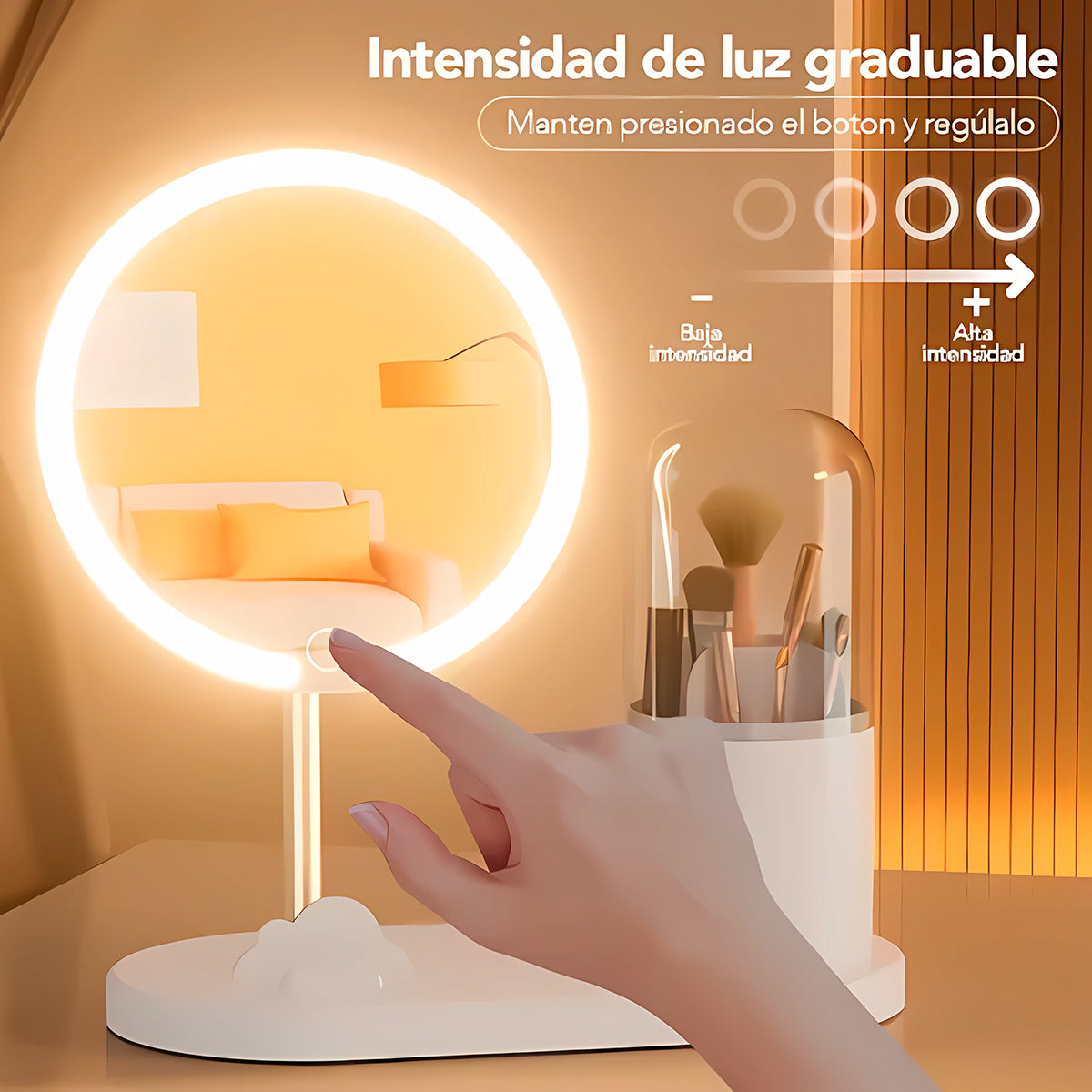 Espejo LED con Organizador Giratorio de Maquillaje