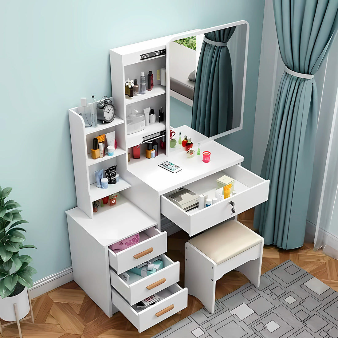 Tocador de maquillaje Deluxe con 4 cajones y sillón