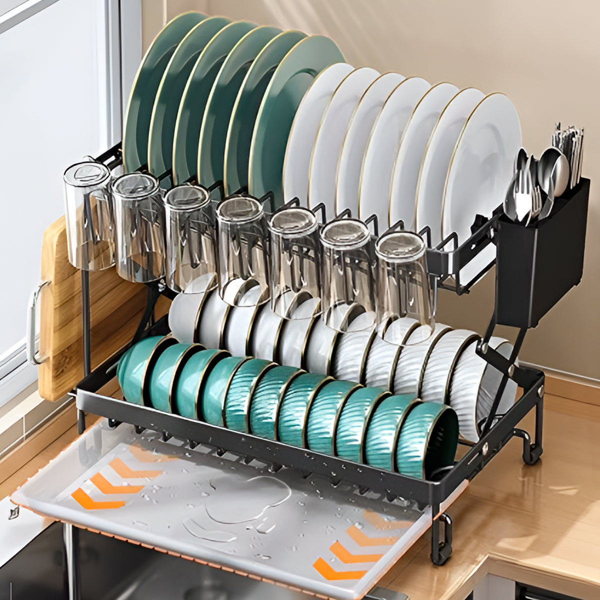 Escurridor de platos de 2 niveles retráctil